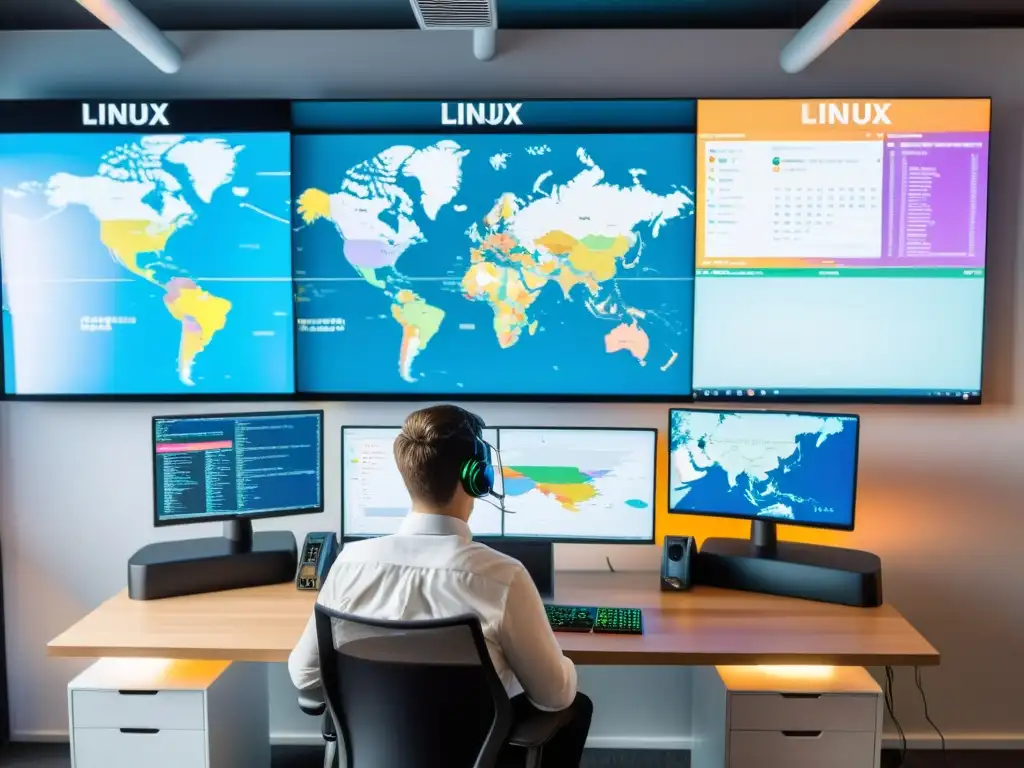 Un desarrollador concentrado escribe código en un moderno escritorio con pantallas que muestran Linux en distintos idiomas