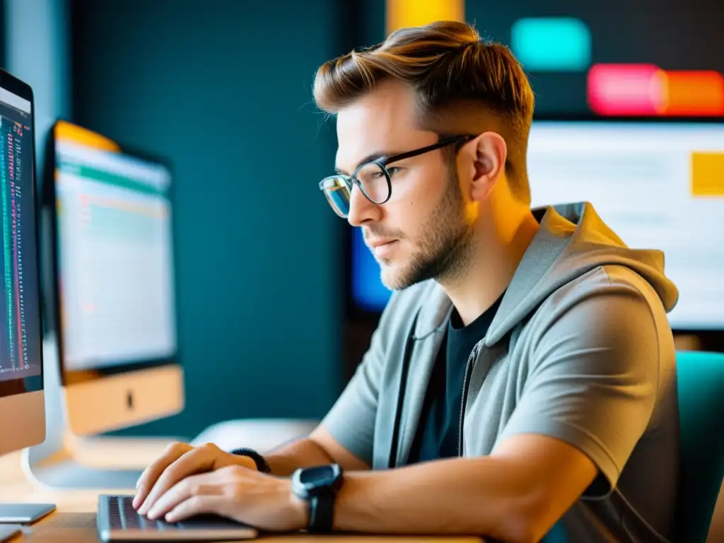 Desarrollador concentrado construyendo interfaces dinámicas con React Hooks en un espacio profesional y educativo