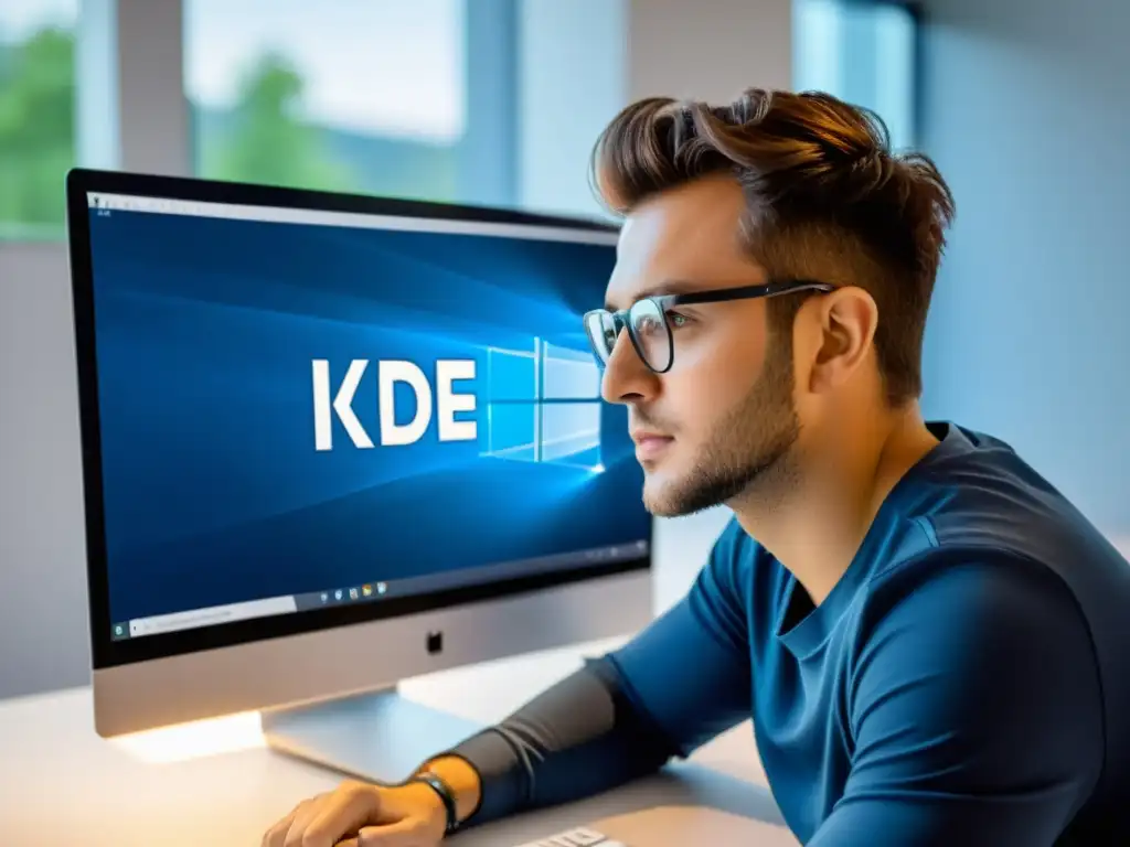 Un desarrollador concentrado utiliza KDevelop en un entorno de escritorio moderno para proyectos KDE, exudando productividad e innovación