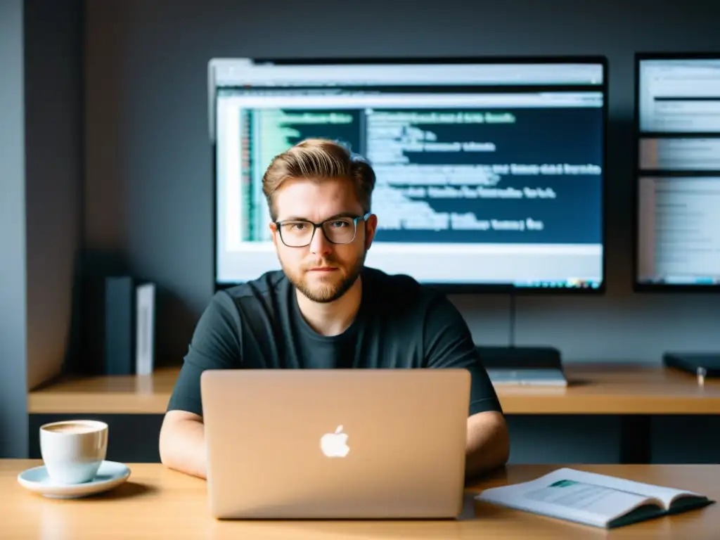Desarrollador profesional en su entorno de trabajo moderno Un desarrollador concentrado trabaja en su laptop en un entorno profesional y moderno, con integración Git en su IDE favorito
