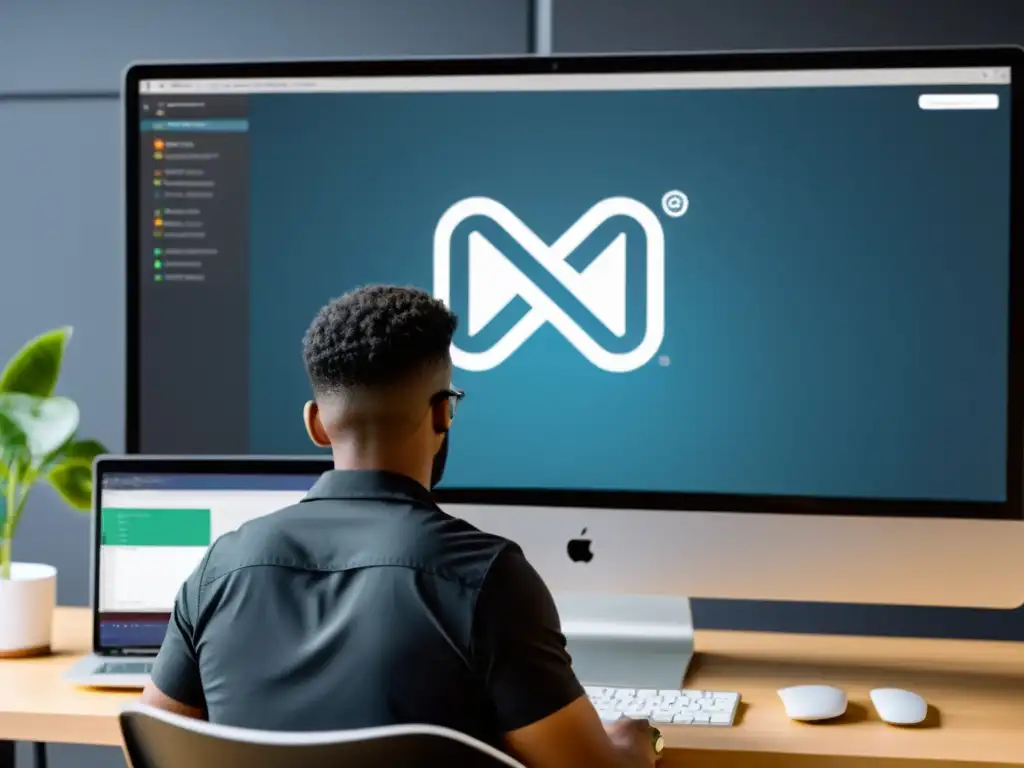 Desarrollador concentrado en MonoDevelop, el mejor IDE para Xamarin y Unity, rodeado de un espacio limpio y organizado