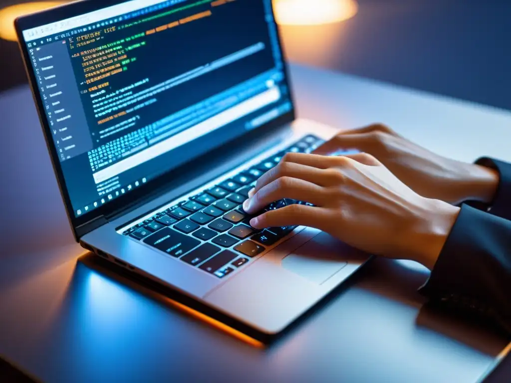 Desarrollador experto codificando en laptop moderna Un desarrollador teclea con confianza en un laptop moderno, con software de seguridad en pantalla