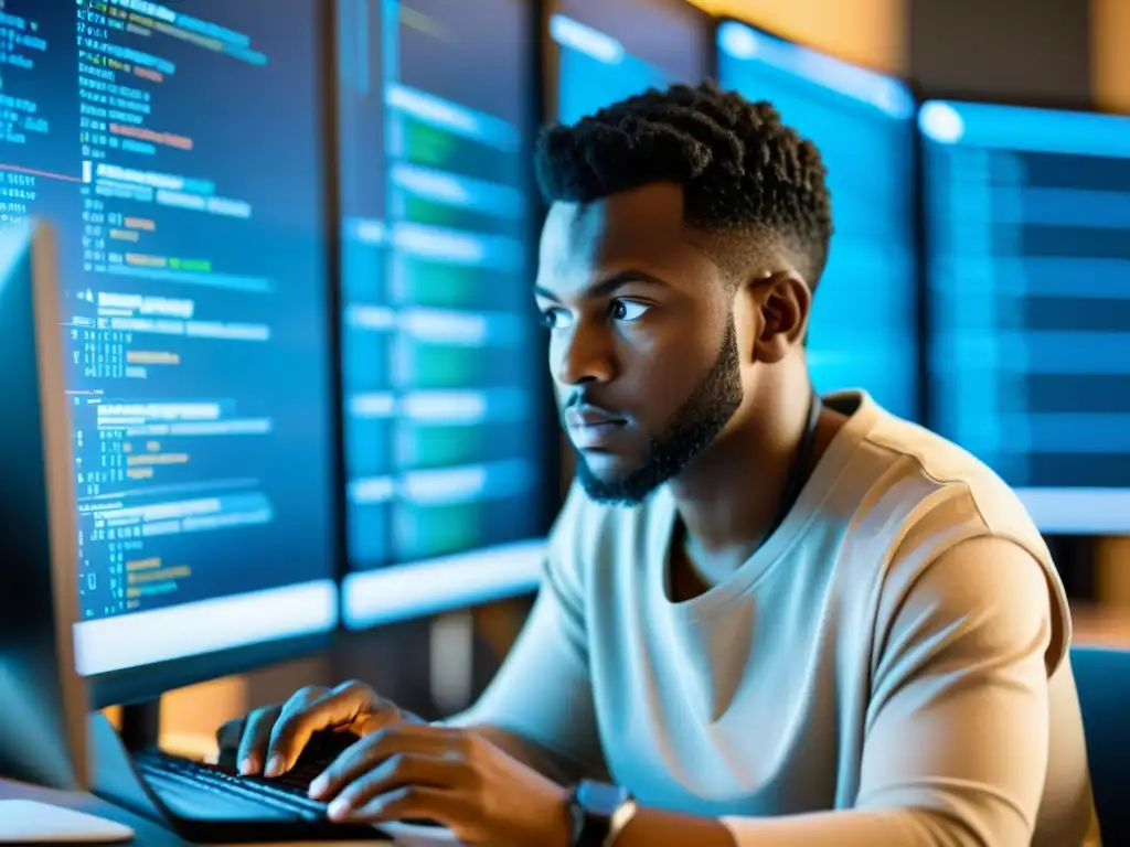 Un desarrollador se enfoca en la construcción de interfaces eficientes con APIs RESTful, rodeado de pantallas con líneas de código y documentación API