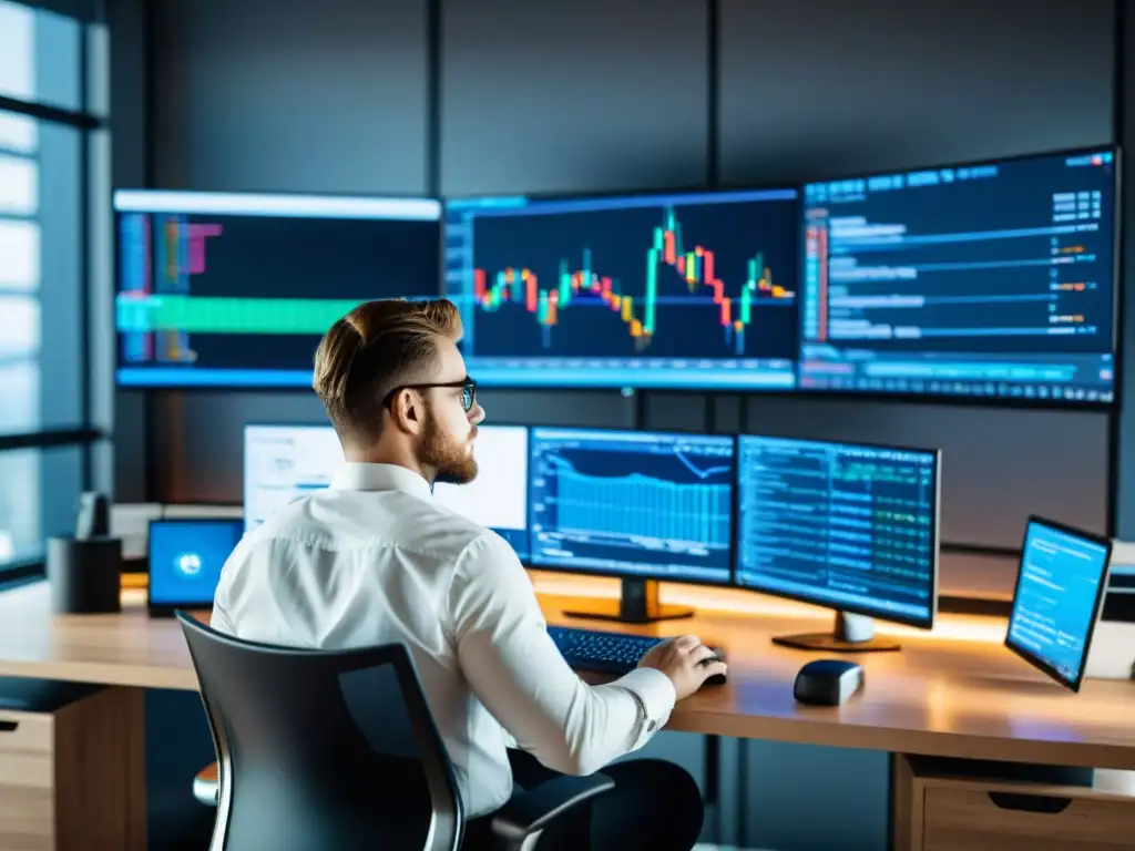 Un desarrollador de criptomonedas en un moderno espacio de oficina, rodeado de herramientas de Linux para desarrollo