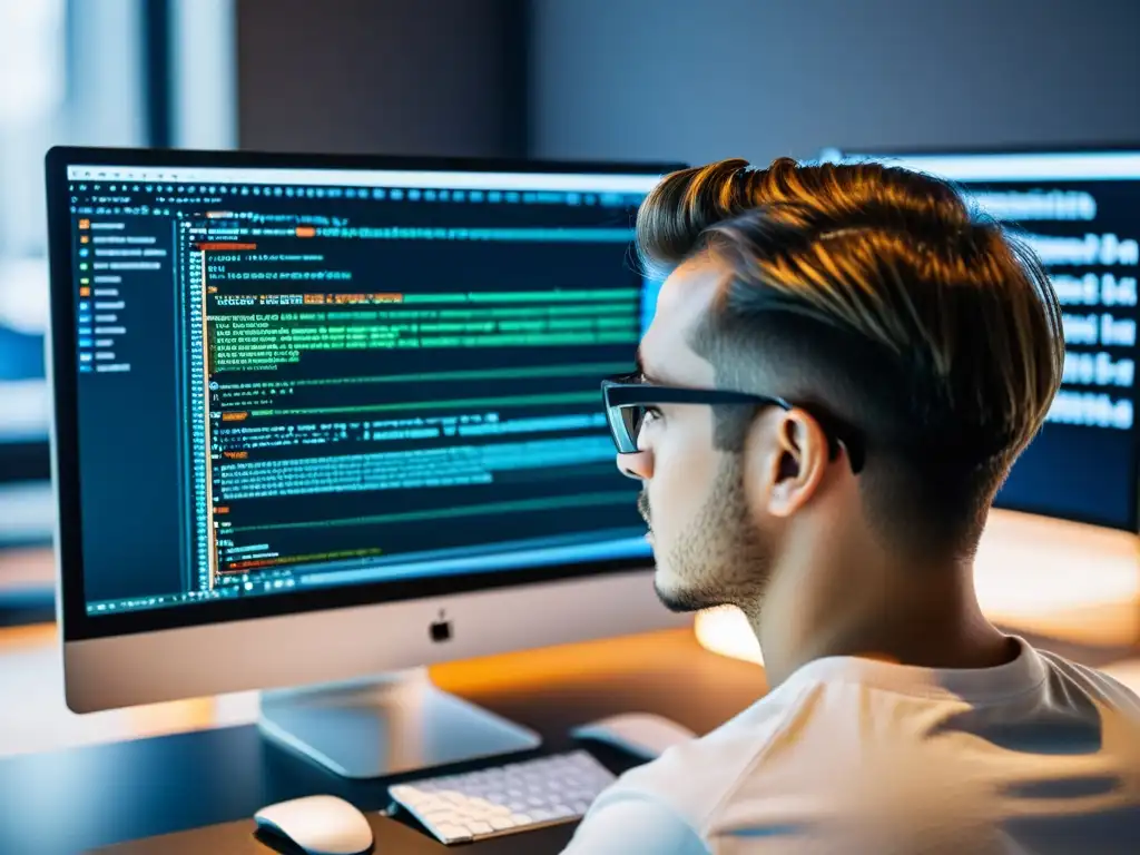 Desarrollador de software trabajando en editor de código abierto Un desarrollador trabaja en un elegante editor de texto de código abierto en un monitor de alta resolución, rodeado de líneas de código