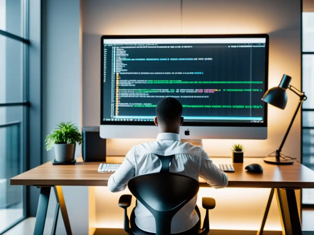 Un desarrollador trabajando en un elegante escritorio, escribiendo código PHP en un monitor de alta resolución