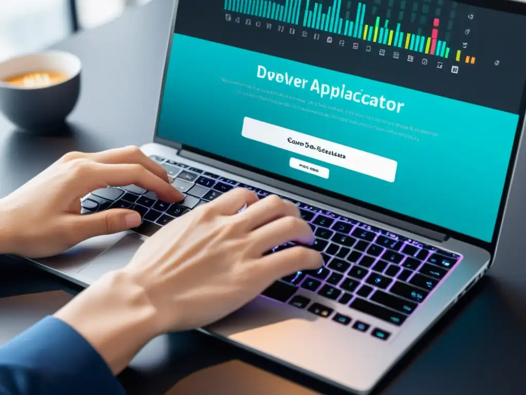 Un desarrollador teclea en un elegante portátil, creando una aplicación React dinámica con Hooks