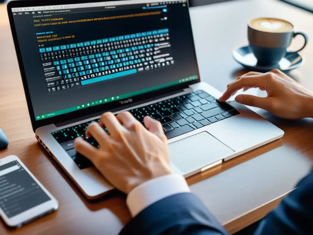 Un desarrollador teclea en un elegante portátil, creando un archivo 
