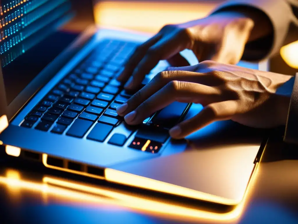 Un desarrollador tecleando en un elegante portátil, con líneas de código en pantalla