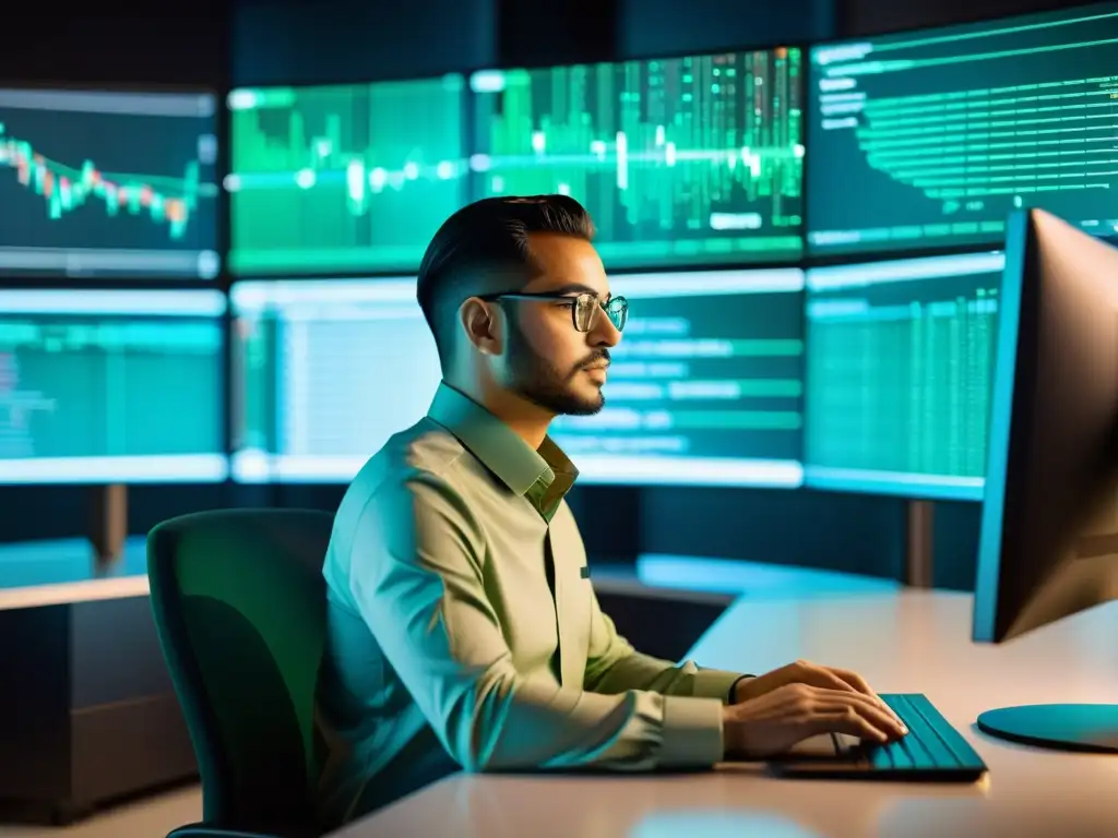 Desarrollador enfocado trabaja en código con visualizaciones de datos y estructuras de consultas MongoDB