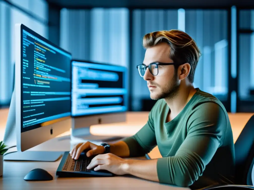 Un desarrollador enfocado en su computadora, rodeado de líneas de código y herramientas de optimización