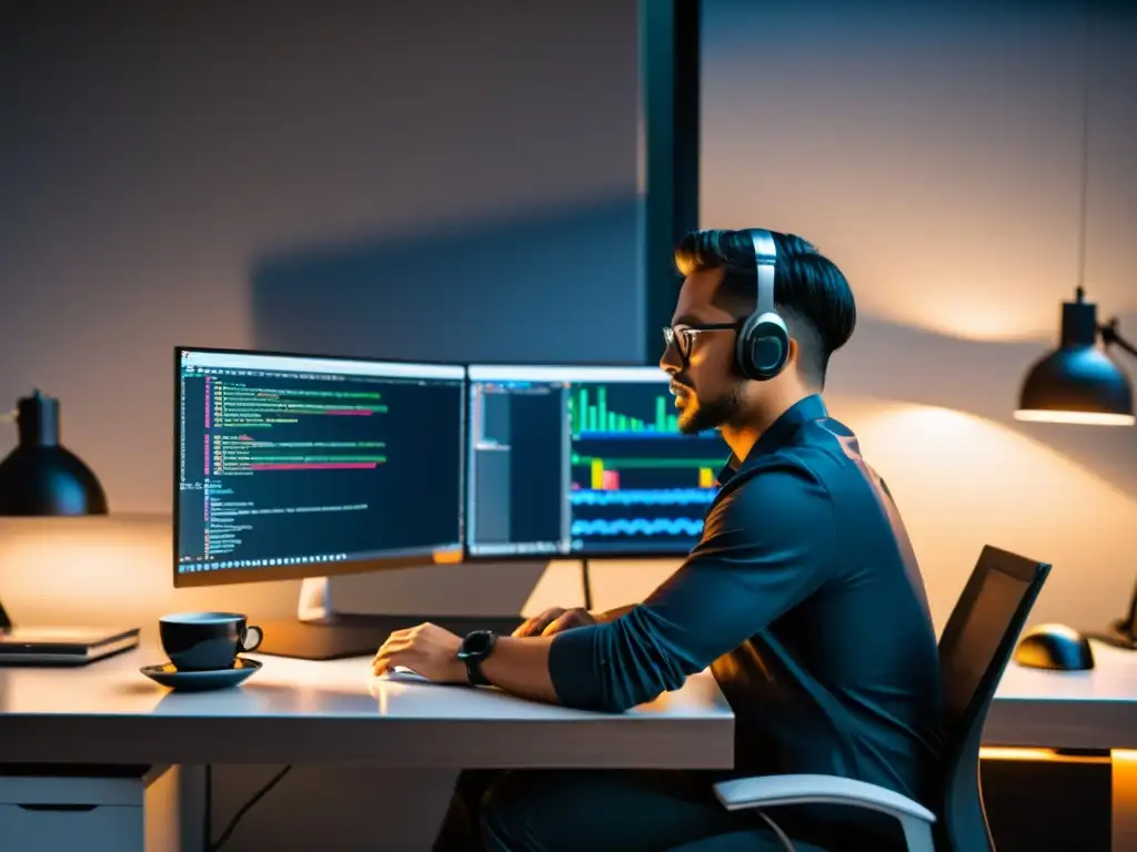 Un desarrollador enfocado trabaja en IntelliJ IDEA Community, con un espacio limpio y organizado, monitores mostrando código y la interfaz de IntelliJ, y una taza de café en el escritorio