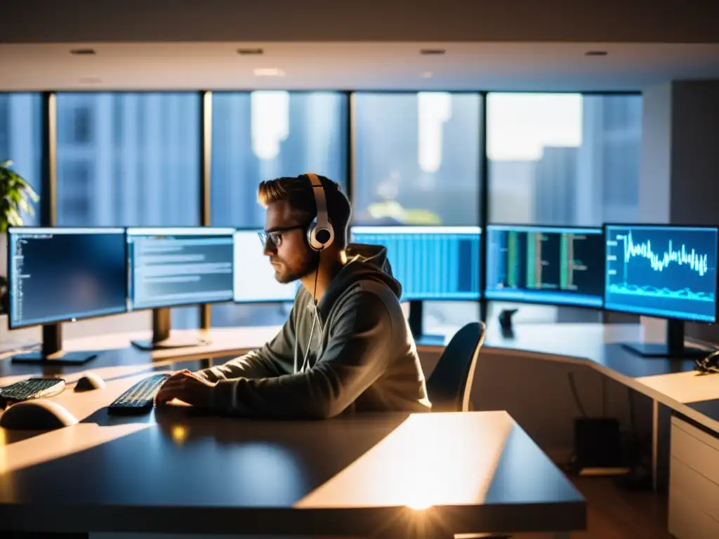 Desarrollador enfocado en su moderno y organizado espacio de trabajo, utilizando MonoDevelop en plataforma 