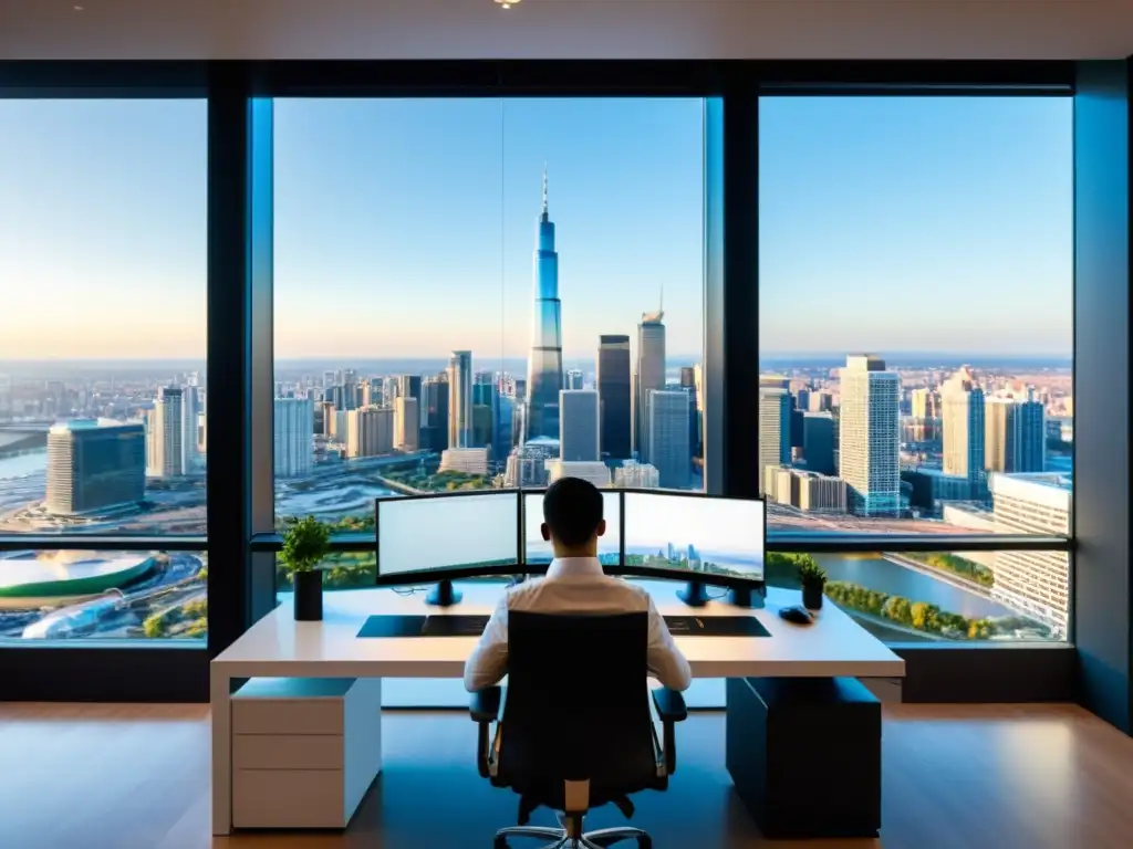 Un desarrollador trabaja en un entorno moderno con vistas a la ciudad, usando MonoDevelop en el entorno 