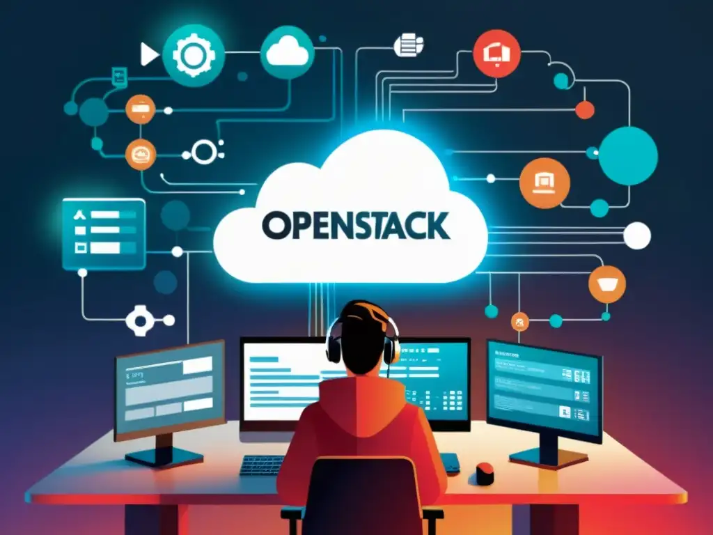 Un desarrollador codifica en un entorno de nube virtual con componentes abstractos de OpenStack