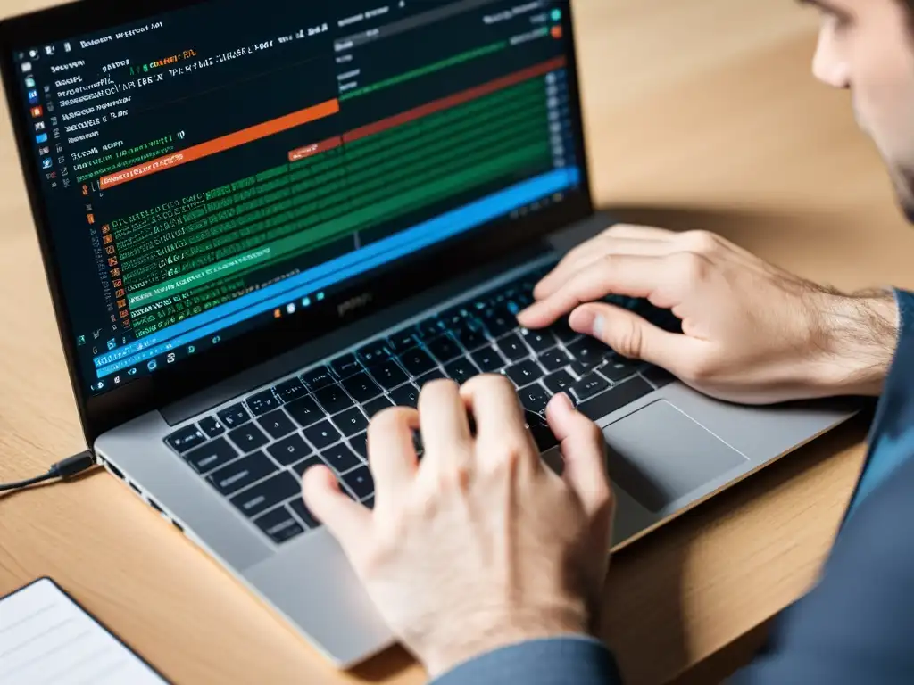 Un desarrollador experto escribe código en un teclado moderno, con ventanas del editor y terminal abiertas