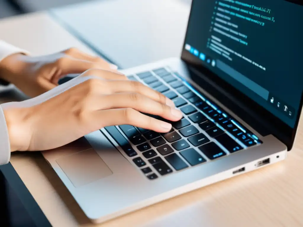 Experto en Tailwind CSS: Dominio y Elegancia en Acción Un desarrollador experto en Tailwind CSS teclea con confianza en un portátil moderno, en un entorno profesional y educativo