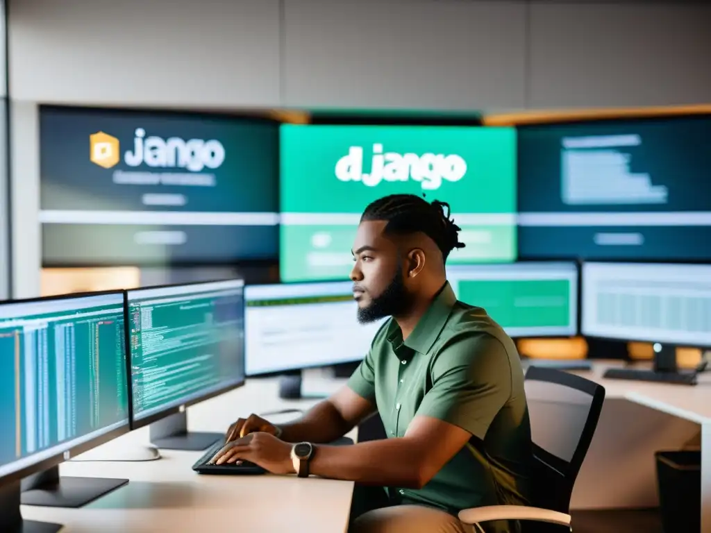 Desarrollador trabajando en el framework Django en una oficina moderna con múltiples pantallas mostrando diseños web y líneas de código