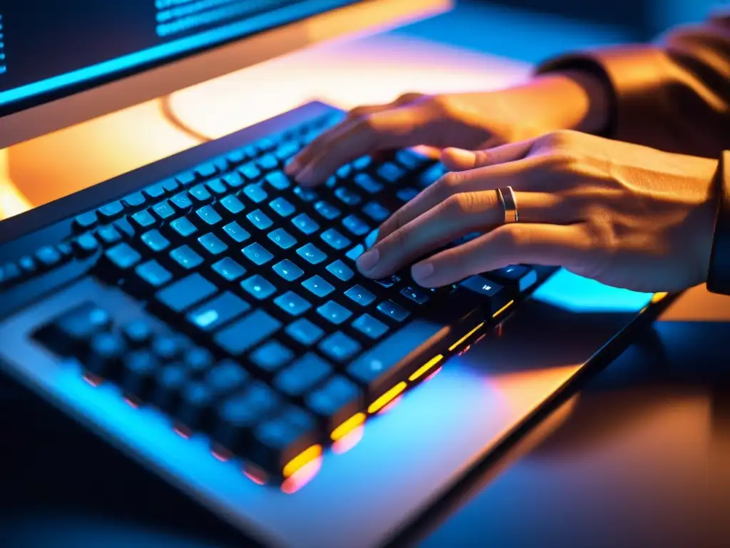 Desarrollador web tecleando código en un teclado moderno Un desarrollador FrontEnd concentrado escribe código en un teclado moderno, con herramientas de seguridad en la pantalla