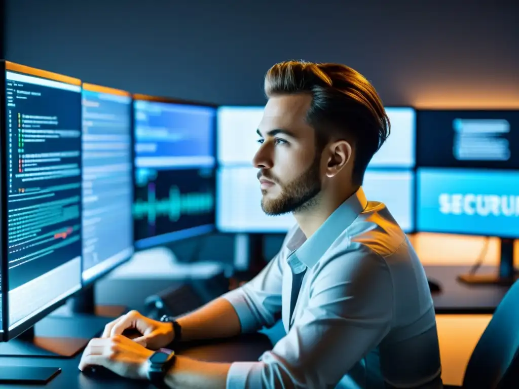 Desarrollador web moderno escribiendo código FrontEnd seguro Un desarrollador FrontEnd profesional escribe código seguro rodeado de monitores con logotipos de software de código abierto