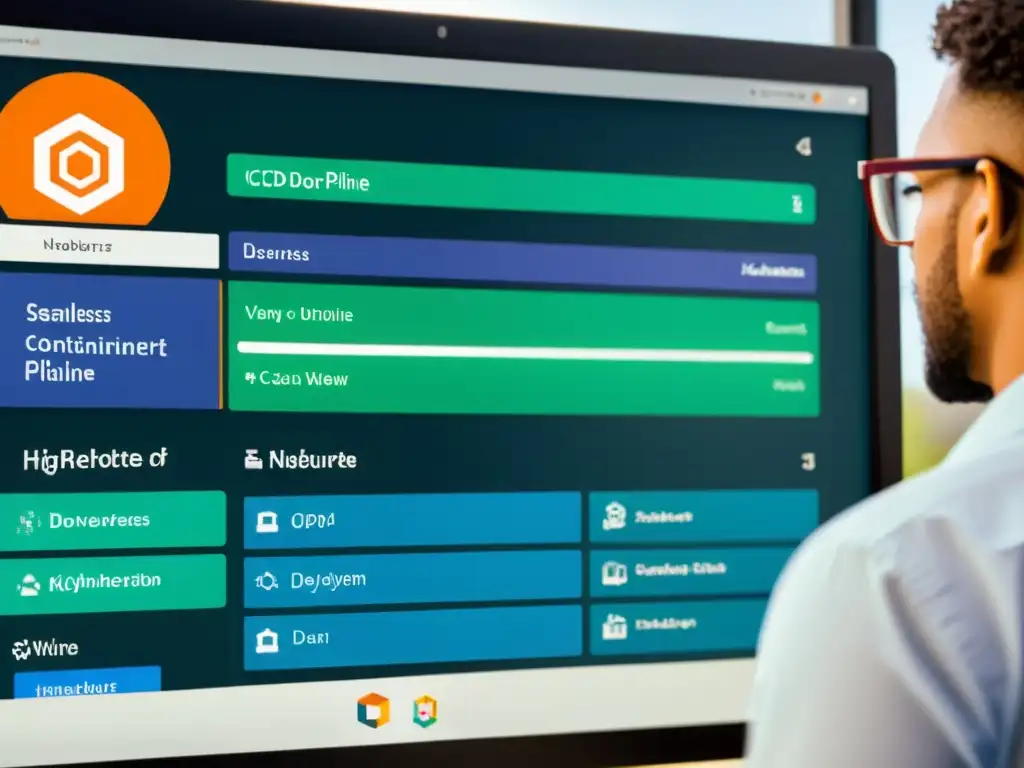 Un desarrollador monitorea la gestión de contenedores en Kubernetes, mostrando profesionalismo y determinación