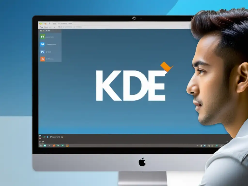 Desarrollador inmerso en KDevelop, entorno desarrollo integrado proyectos KDE, en monitor de alta resolución con logo KDE al fondo