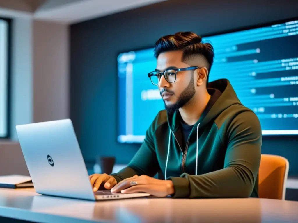 Un desarrollador trabajando en una laptop con código visible en la pantalla, en un entorno profesional y vanguardista