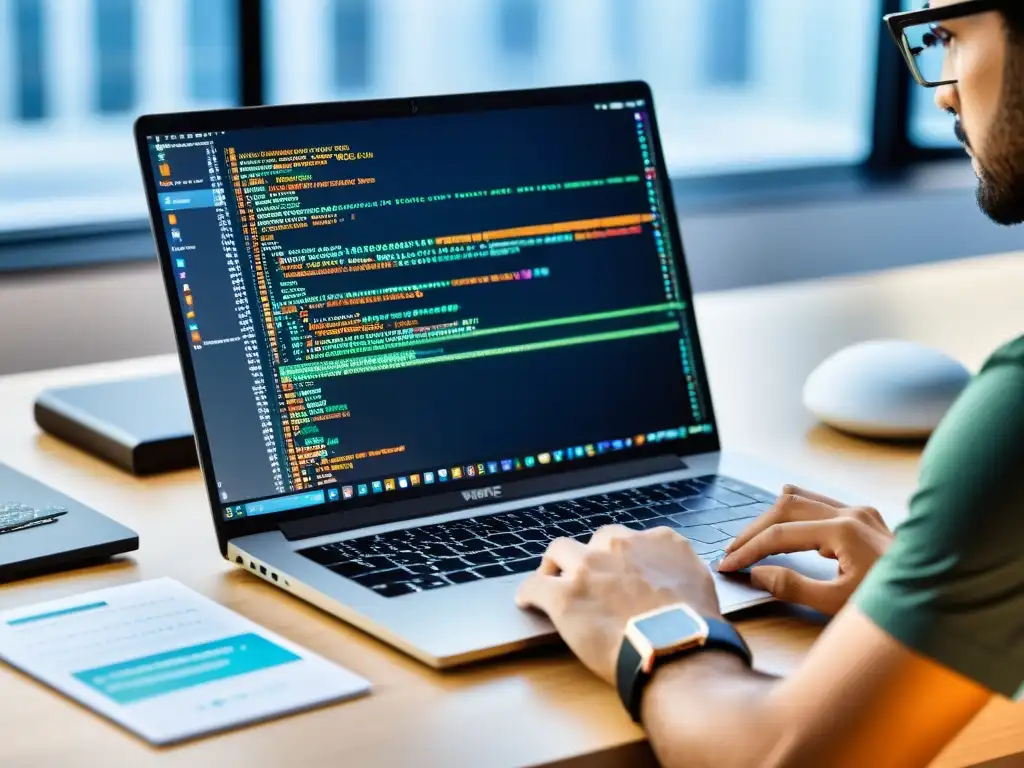 Desarrollador trabajando en laptop con extensiones VS Code para FrontEnd Open Source, ambiente contemporáneo y productivo