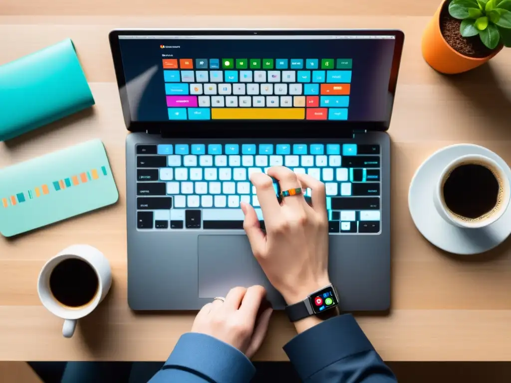 Un desarrollador teclea en un laptop moderno con código y diseño UI en la pantalla, un smartwatch muestra métricas de rendimiento