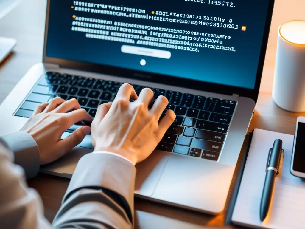 Un desarrollador tecleando en un laptop moderno con herramientas de seguridad en pantalla, en un espacio profesional y enfocado