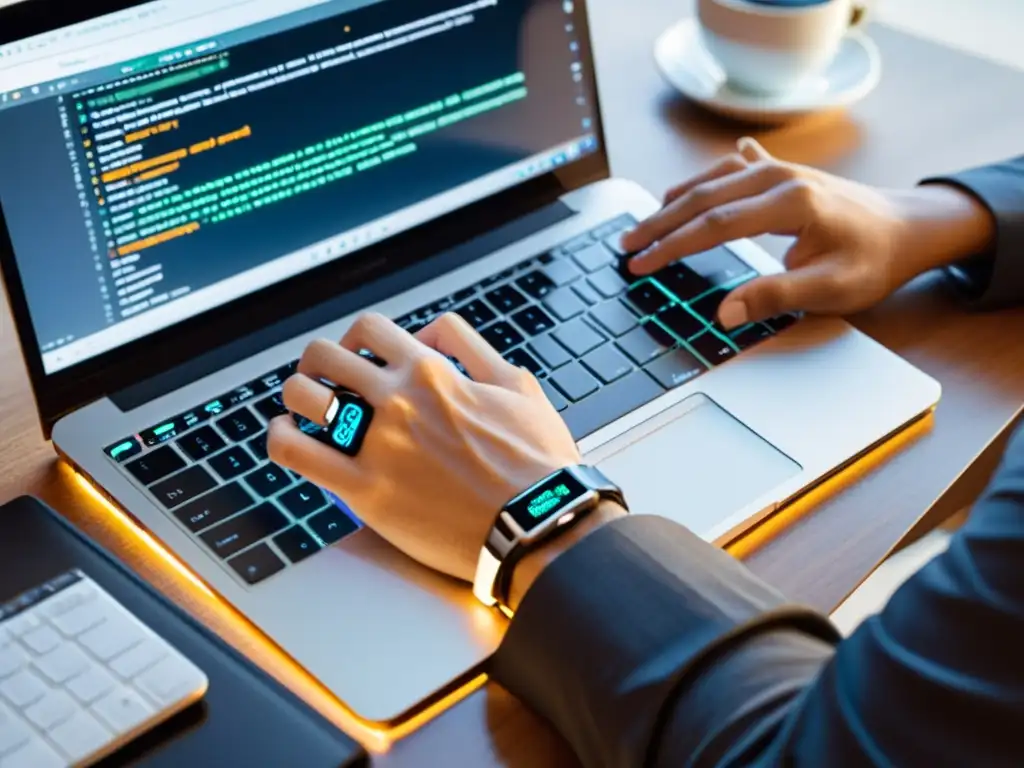 Un desarrollador teclea líneas de código en un moderno portátil, con un plugin de WordPress en la pantalla