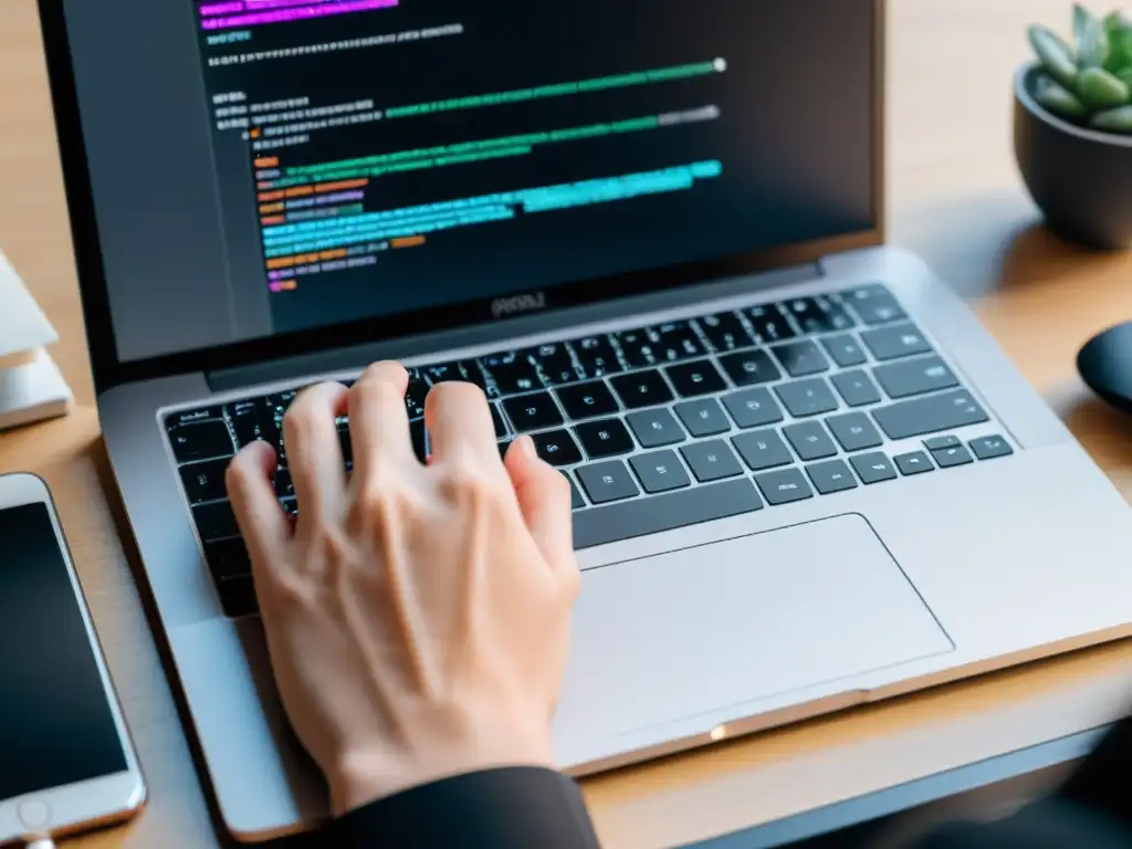Un desarrollador teclea en un moderno portátil, con una consulta GraphQL en pantalla