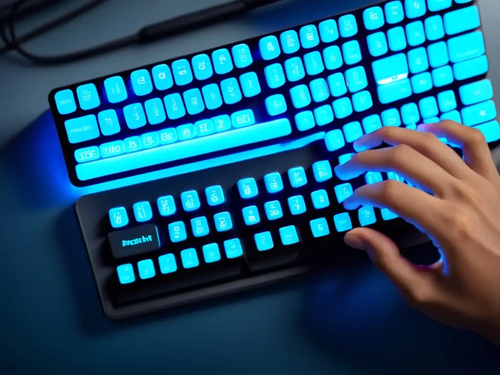 Un desarrollador teclea en un moderno teclado, con comandos Git y reflejos de código en sus lentes