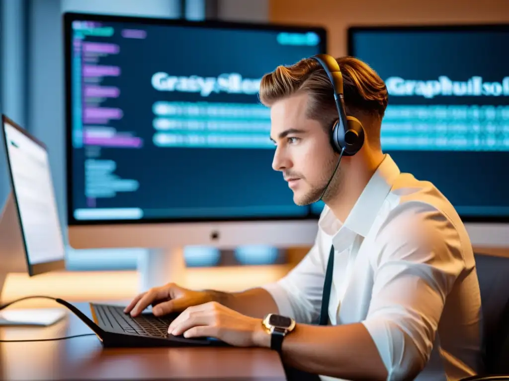 Un desarrollador trabaja en una oficina moderna, usando GraphQL con Gatsby