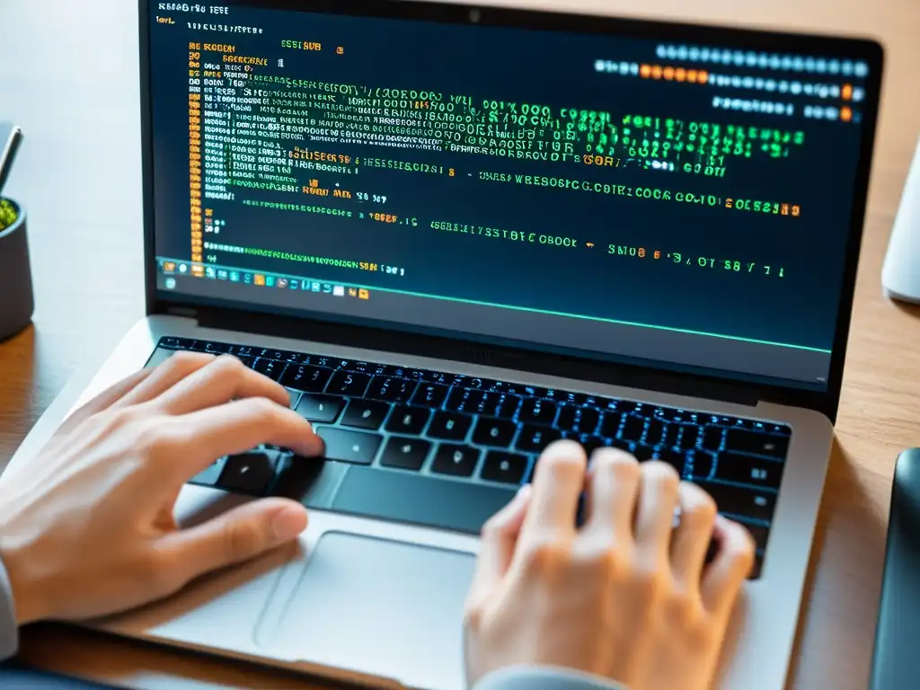 Un desarrollador trabaja con precisión en un teclado moderno, mostrando líneas de código en un editor de alta resolución