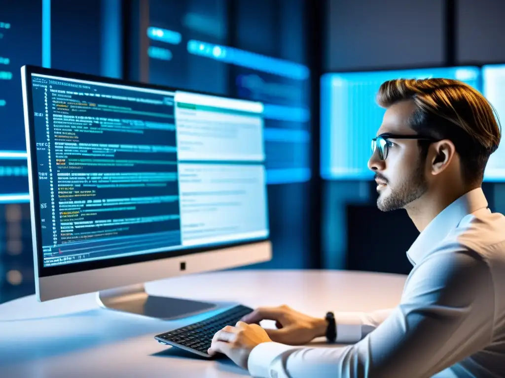 Desarrollador de software revisando código abierto con estilo futurista Un desarrollador de software revisa código abierto en un monitor de alta resolución, rodeado de un entorno minimalista futurista