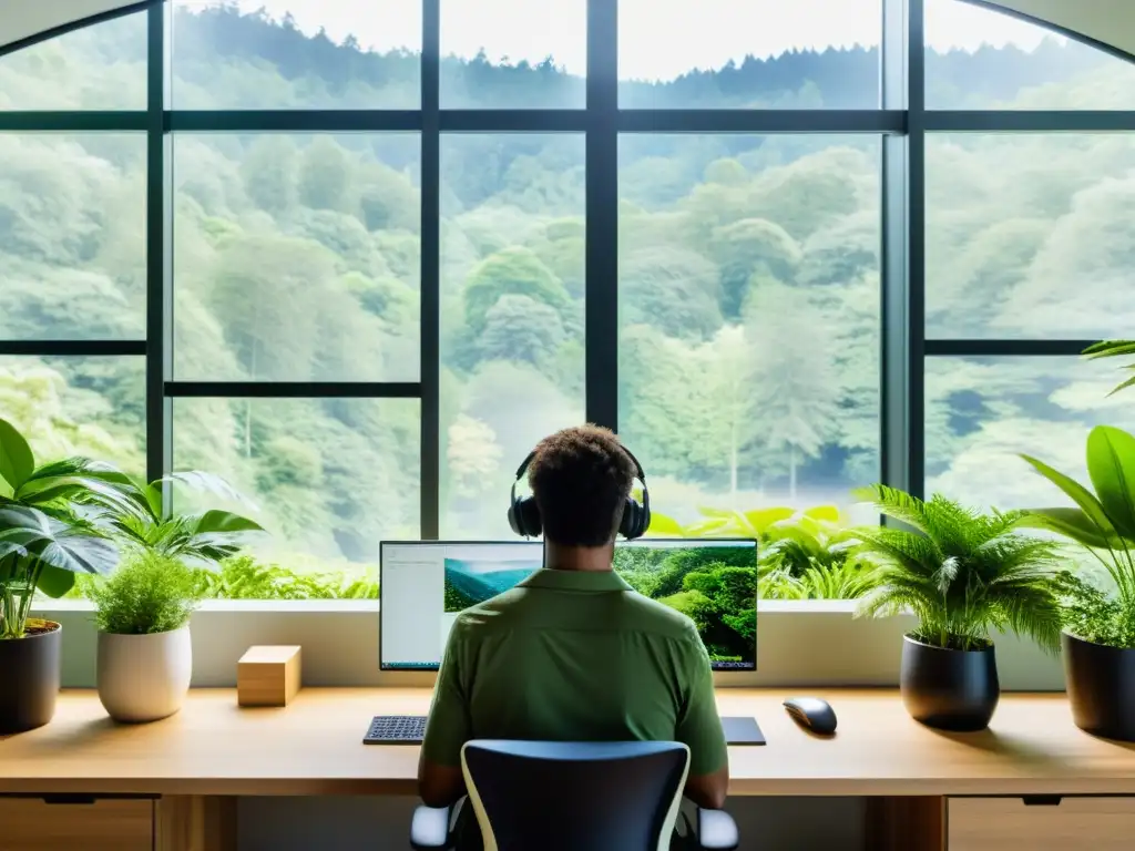 Un desarrollador de software trabaja en un entorno ecológico, con una vista de un bosque verde a través de la ventana