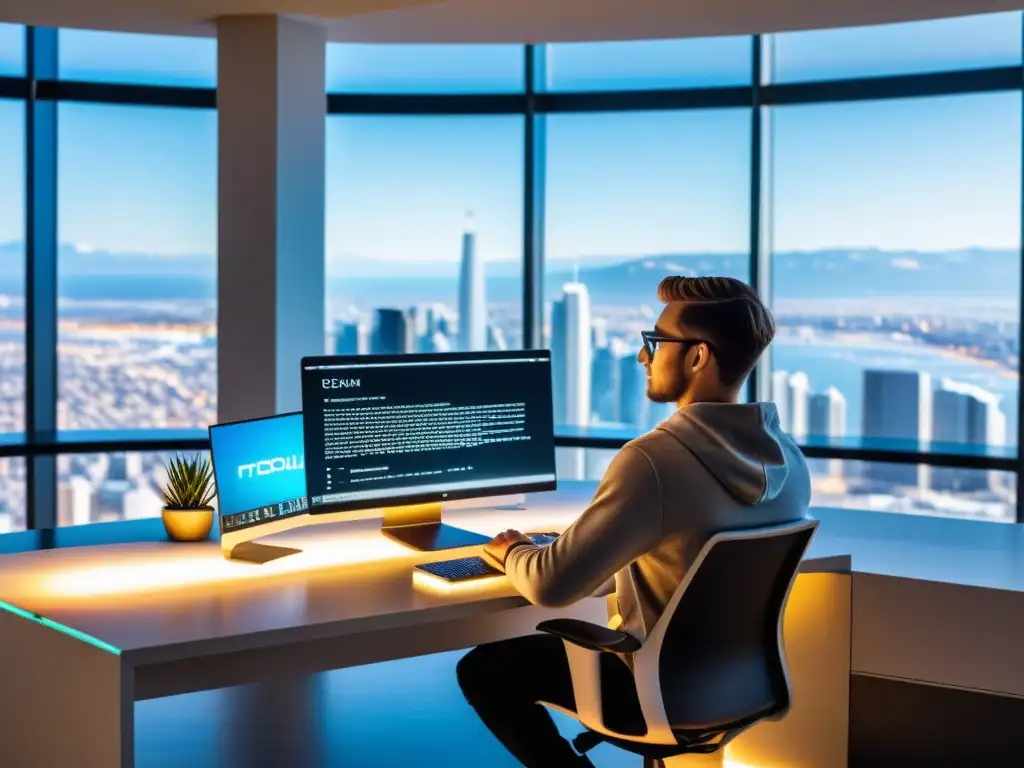 Un desarrollador de software trabaja en su moderno escritorio con vista a la ciudad, utilizando el innovador editor de texto Light Table