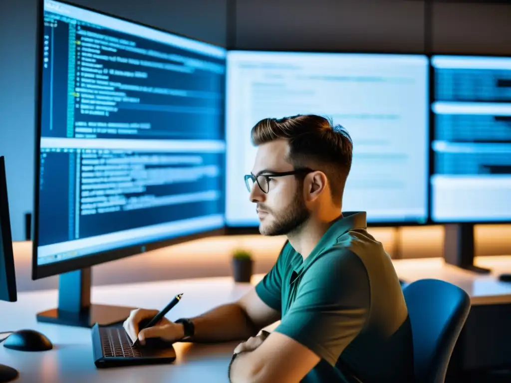 Un desarrollador de software escribe pruebas unitarias para una aplicación backend, rodeado de líneas de código en una pantalla de computadora moderna