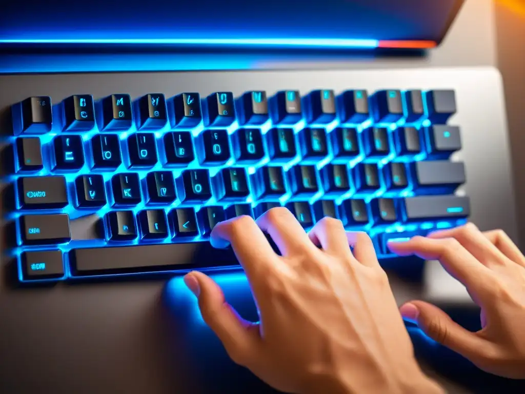 Un desarrollador teclea con precisión en un teclado iluminado, rodeado de tecnología avanzada