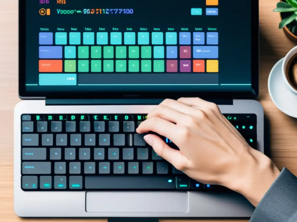 Un desarrollador teclea en un teclado moderno con código colorido en la pantalla, en un espacio minimalista y profesional