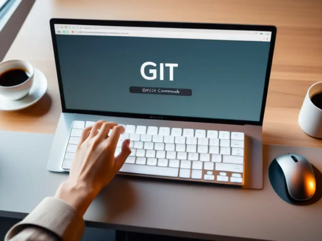 Productividad en Desarrollo: Git Alias en Acción Un desarrollador teclea en un teclado moderno con comandos Git personalizados en la pantalla