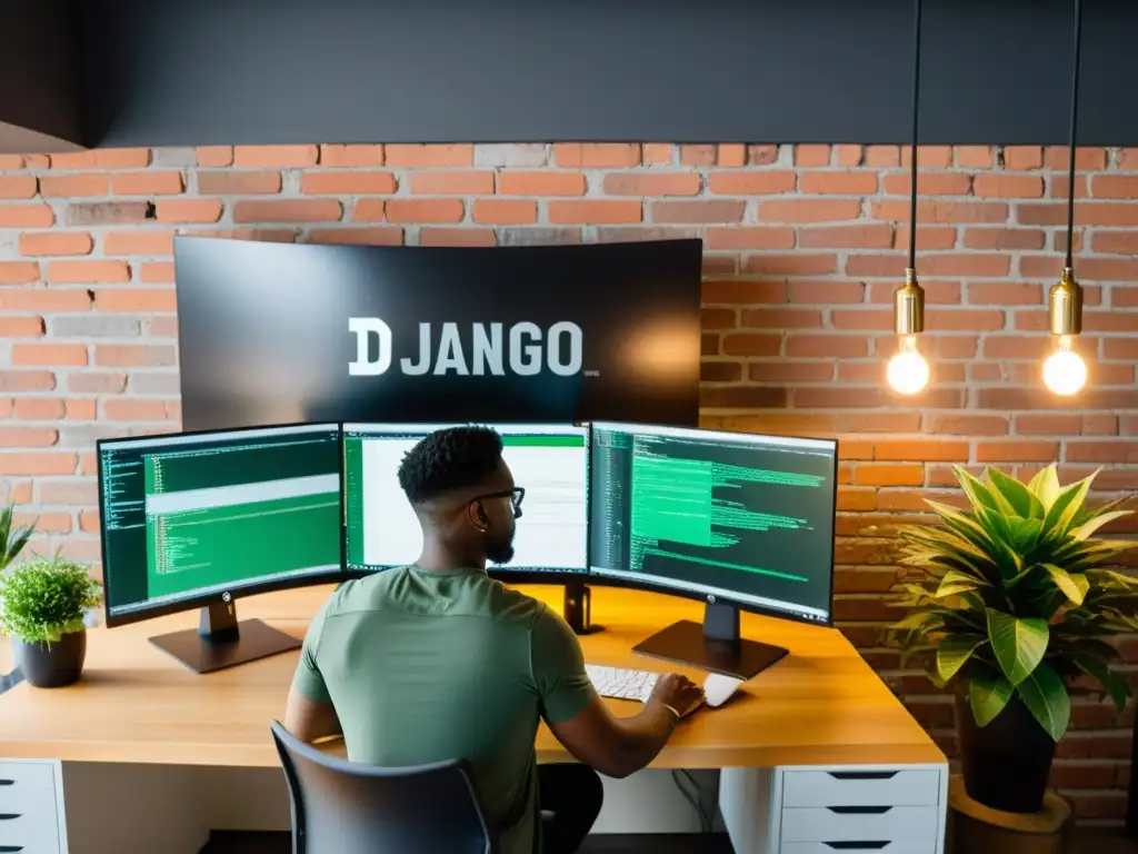 Desarrollador web en ambiente moderno con el framework Django, rodeado de decoración industrial y monitores curvos