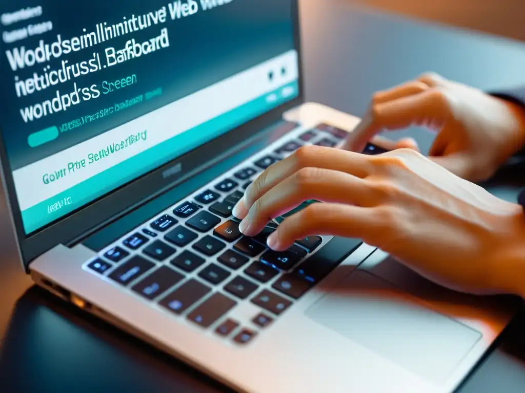 Un desarrollador web con WordPress de código abierto, concentrado, tecleando en una laptop moderna, mostrando determinación y propósito