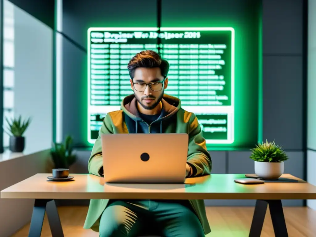 Un desarrollador web se enfoca en el código de Django framework, rodeado de una oficina moderna y minimalista