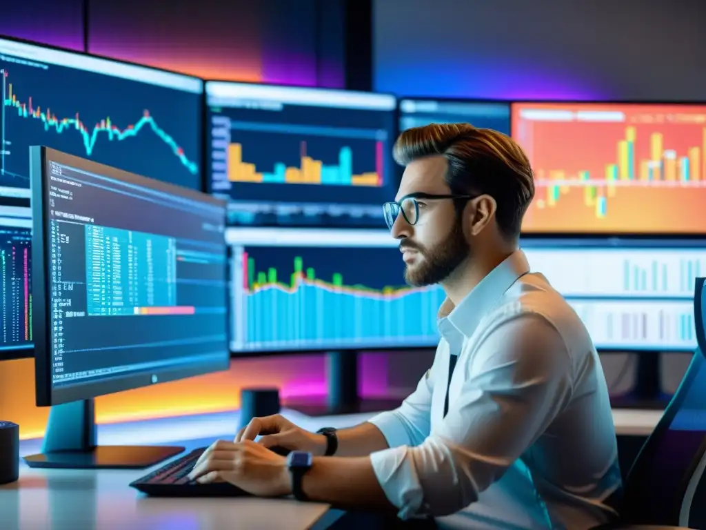Desarrollador web analizando código fuente en monitor 8k, rodeado de gráficos coloridos