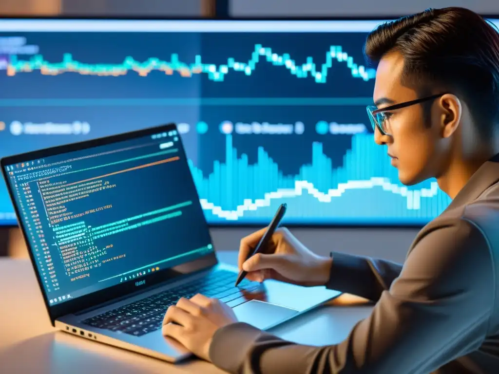 Un desarrollador web escribe código en un portátil moderno, con pantallas divididas que muestran código TensorFlow