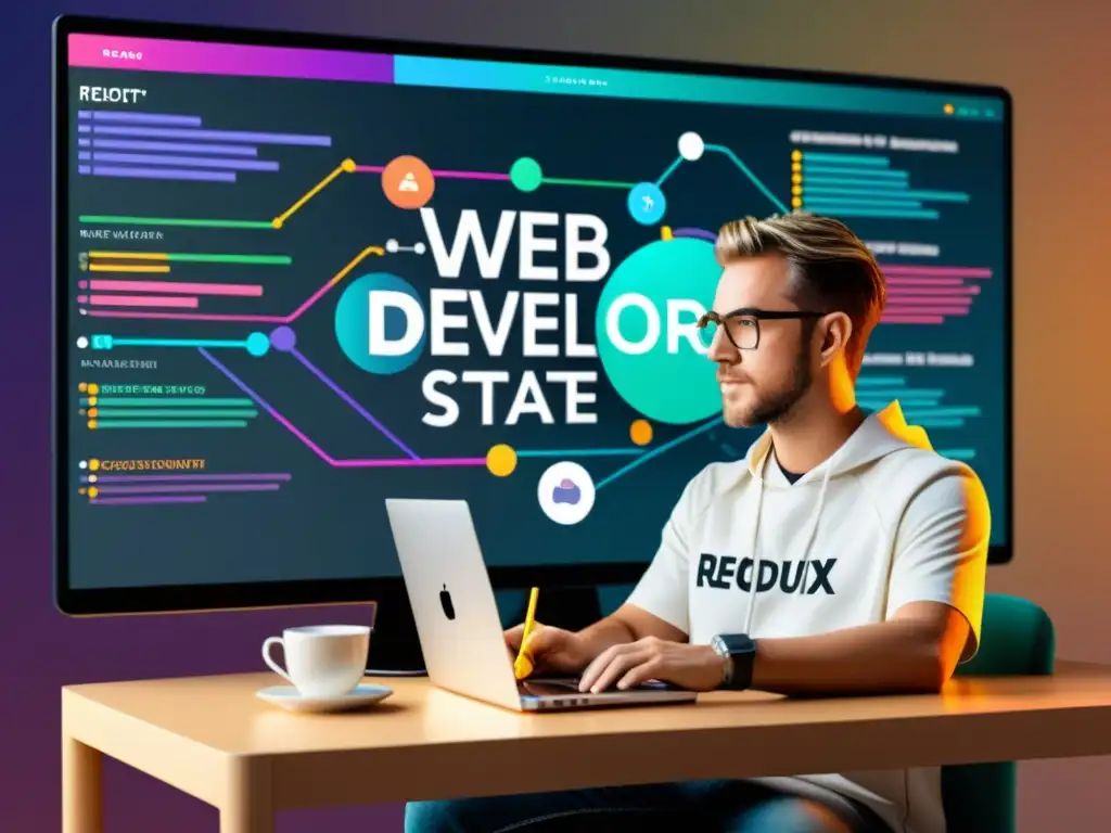 Un desarrollador web escribe código rodeado de diagramas de flujo de datos coloridos e interconectados y estructuras de componentes de React, mostrando el proceso de gestión eficaz del estado y construcción de aplicaciones con Redux de manera visual y educativa