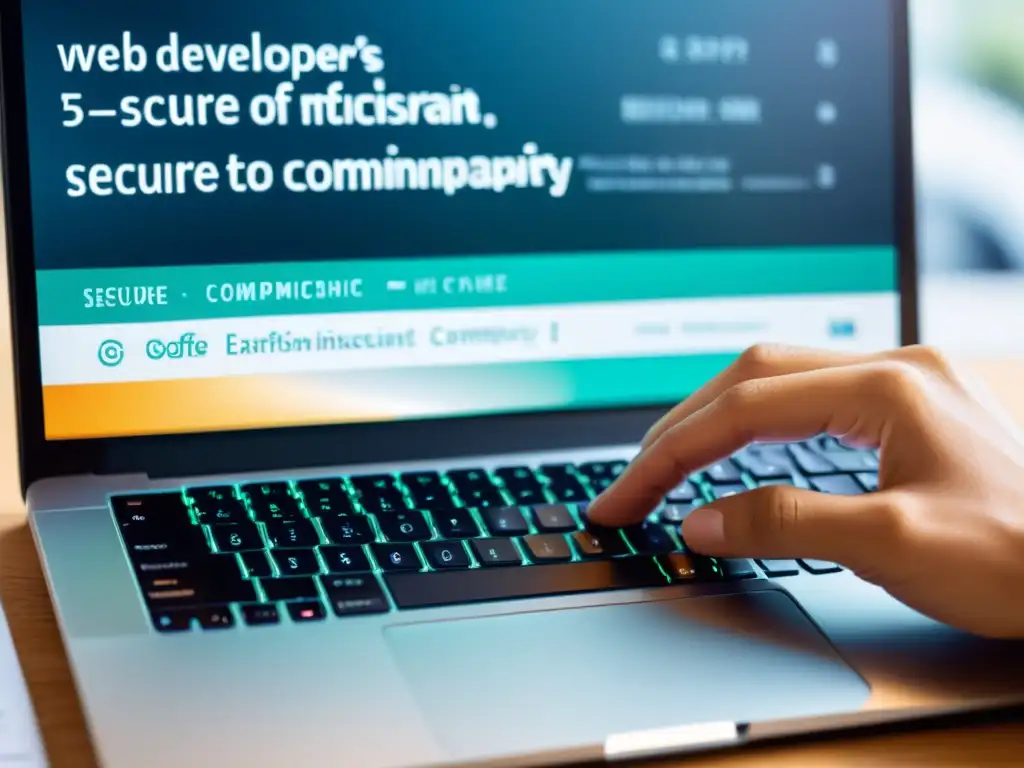 Un desarrollador web escribe código seguro en su moderna laptop, destacando las mejores prácticas en seguridad de aplicaciones web