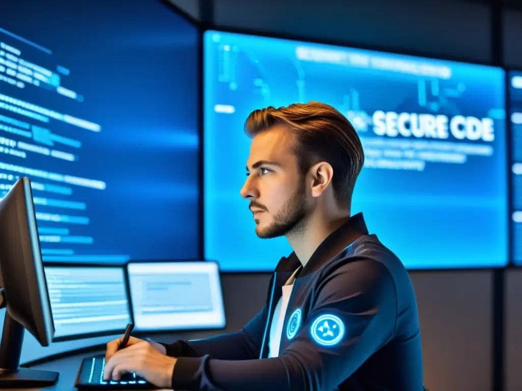 Un desarrollador web escribe código seguro rodeado de una interfaz futurista con monitoreo de seguridad en tiempo real